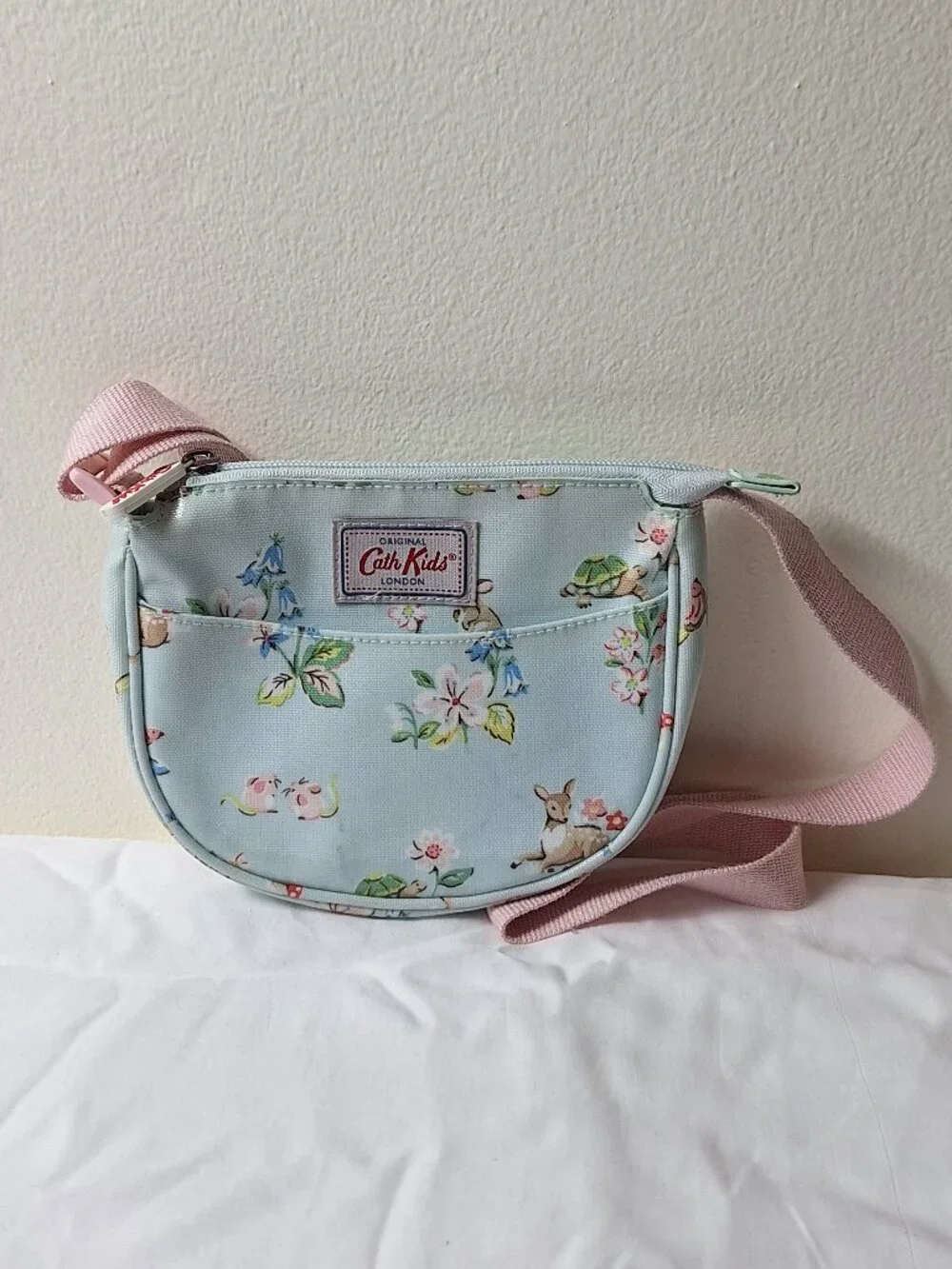 Cath Kidston Light Blue Floral Kids Crossbody Bag with Pink Strap